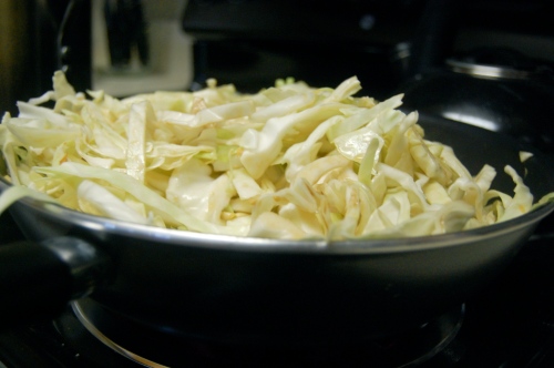 Pan of cabbage in sauce